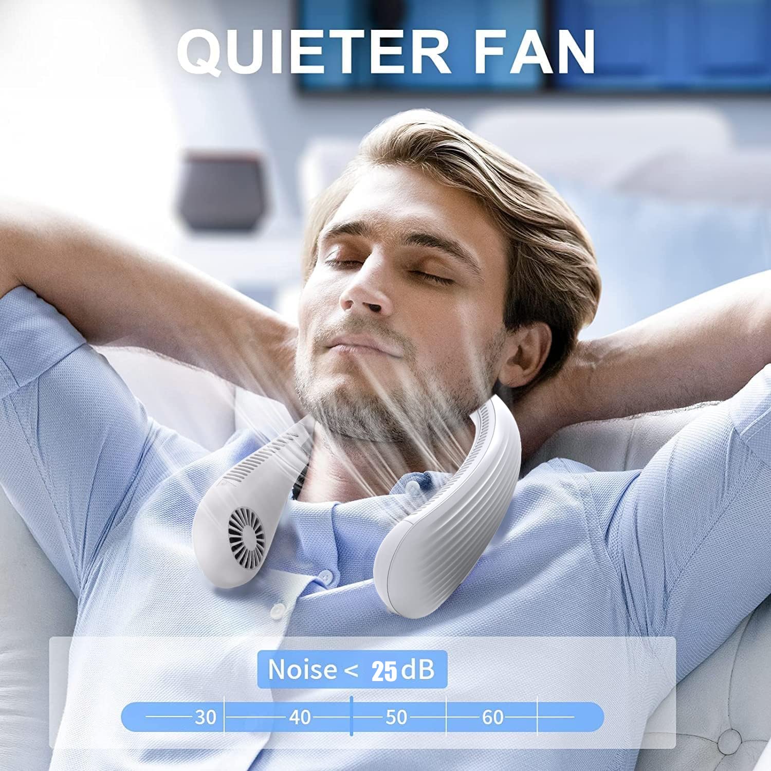 Ventilateur Cou Portable USB, 4000mAh Sans Lame Silencieux, Collier Nuque Refroidisseur Rechargeable 3 Vitesses, pour Bureau, Domicile, Voyage (Blanc Pur)