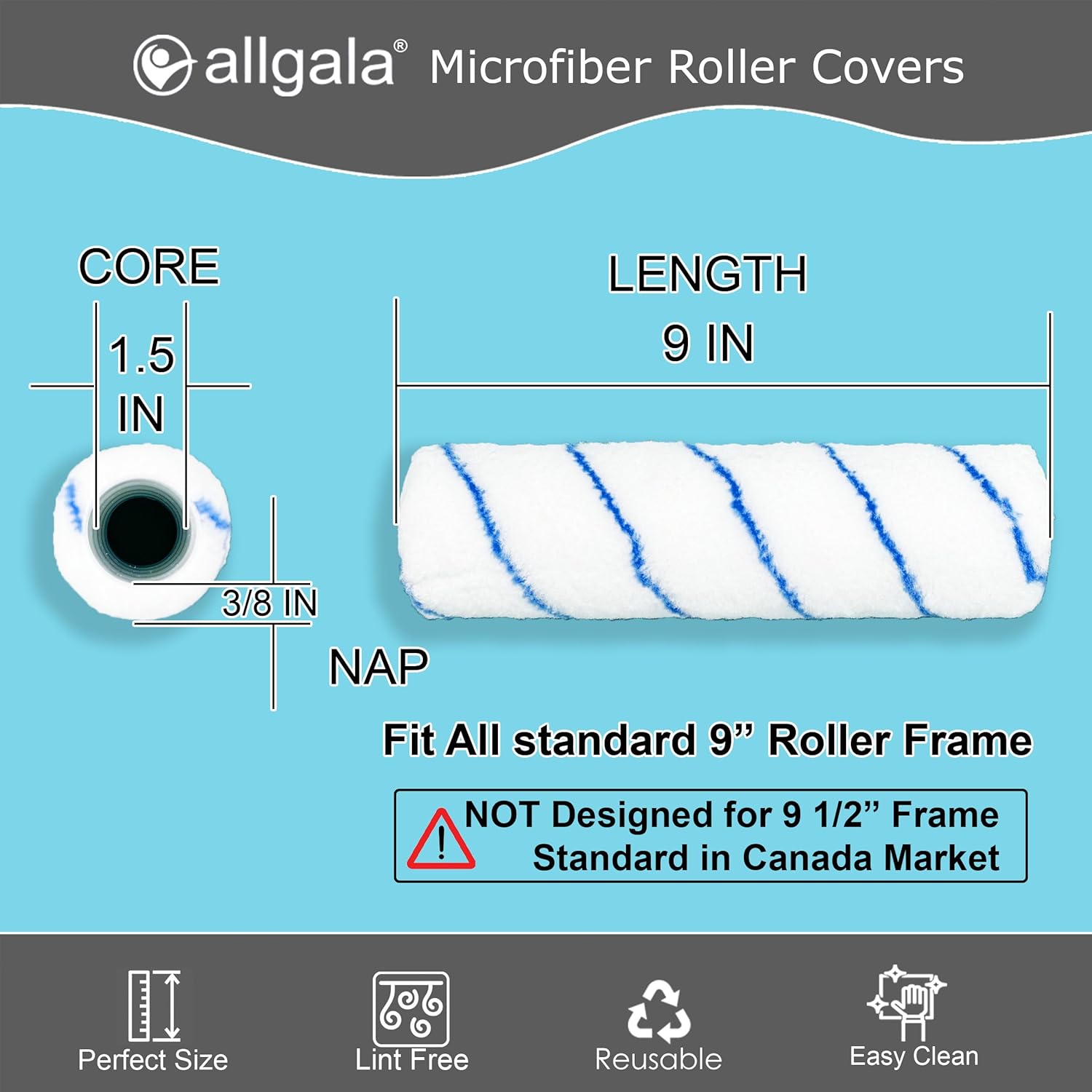 Allgala Paint Rollers 9 inch 3/8 Nap 12 Pack Shedless Lint Free Microfiber Paint Roller Covers for Paint Roller Kit House Painting Project