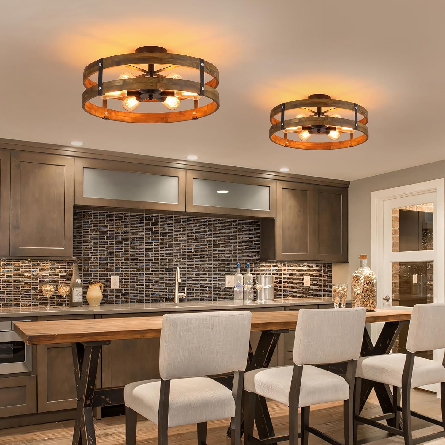 6-Light Large Rustic Farmhouse Wood Flush Mount Ceiling Light Fixture 20 inch Oak Wood and Metal Round Drum Semi Flush Mount Ceiling Light for Hallway Entry Farmhouse Bedroom Living Room, Black