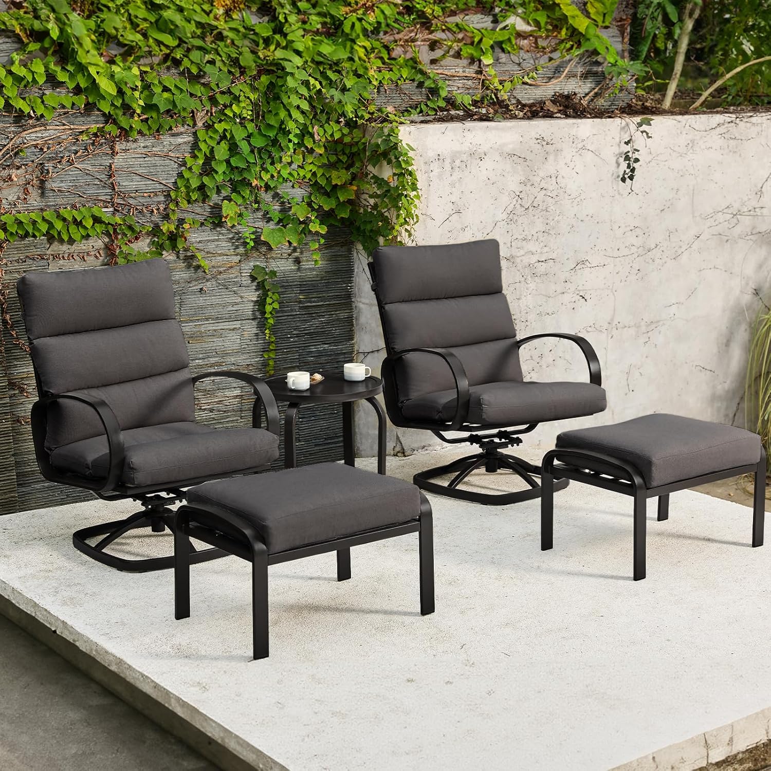 NATURAL EXPRESSIONS Patio Furniture Set, 5 Pieces Outdoor Swivel Rocker with Ottoman, High Back, Deep Seating with 5" Olefin Cushion, Patio Rocking Chairs for Porch, Backyard (Dark Grey)