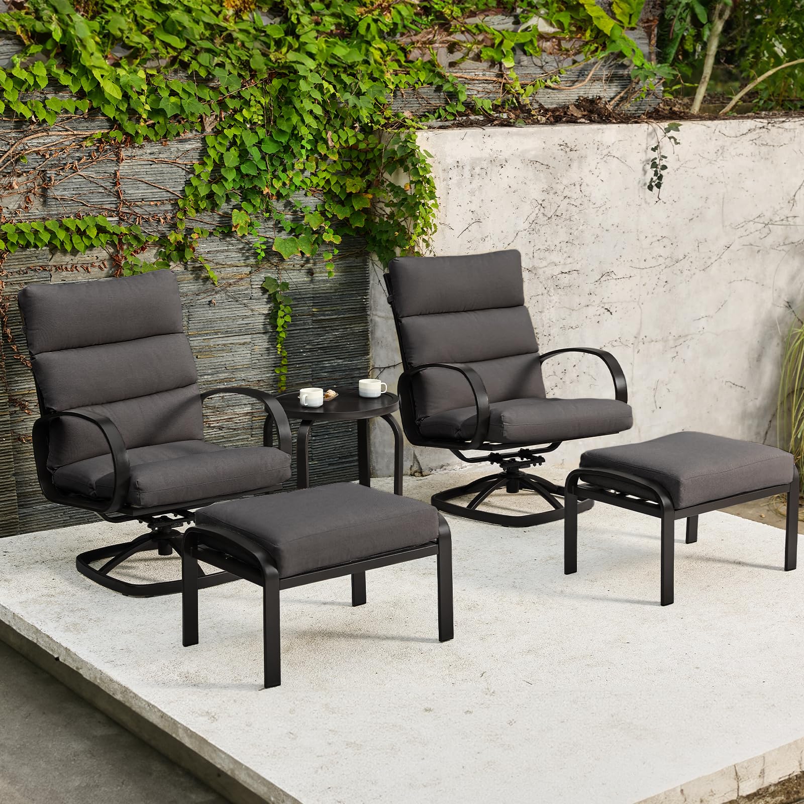 NATURAL EXPRESSIONS Patio Furniture Set, 5 Pieces Outdoor Swivel Rocker with Ottoman, High Back, Deep Seating with 5" Olefin Cushion, Patio Rocking Chairs for Porch, Backyard (Dark Grey)