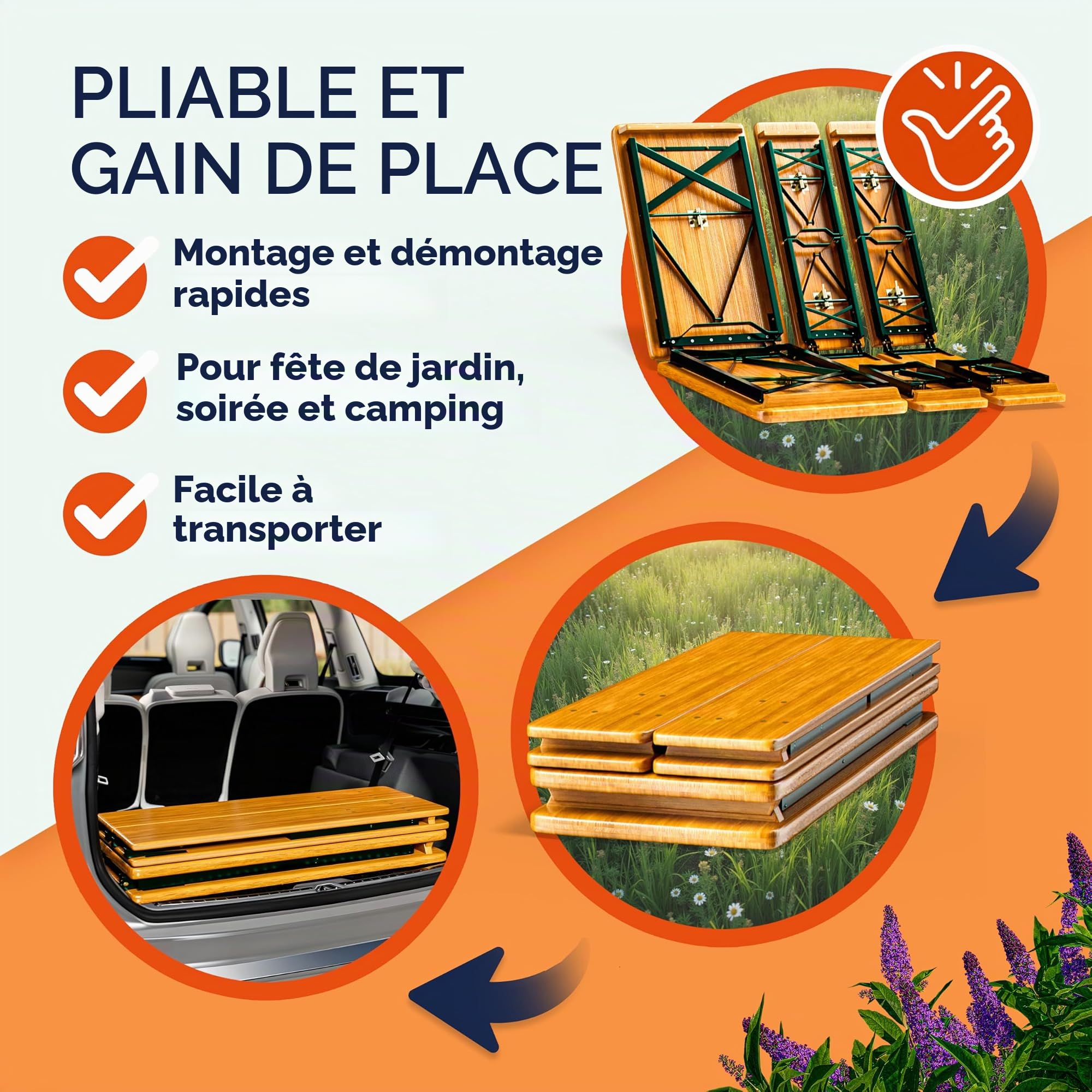 Casaria Ensemble Table et 2X bancs Bois Pliable