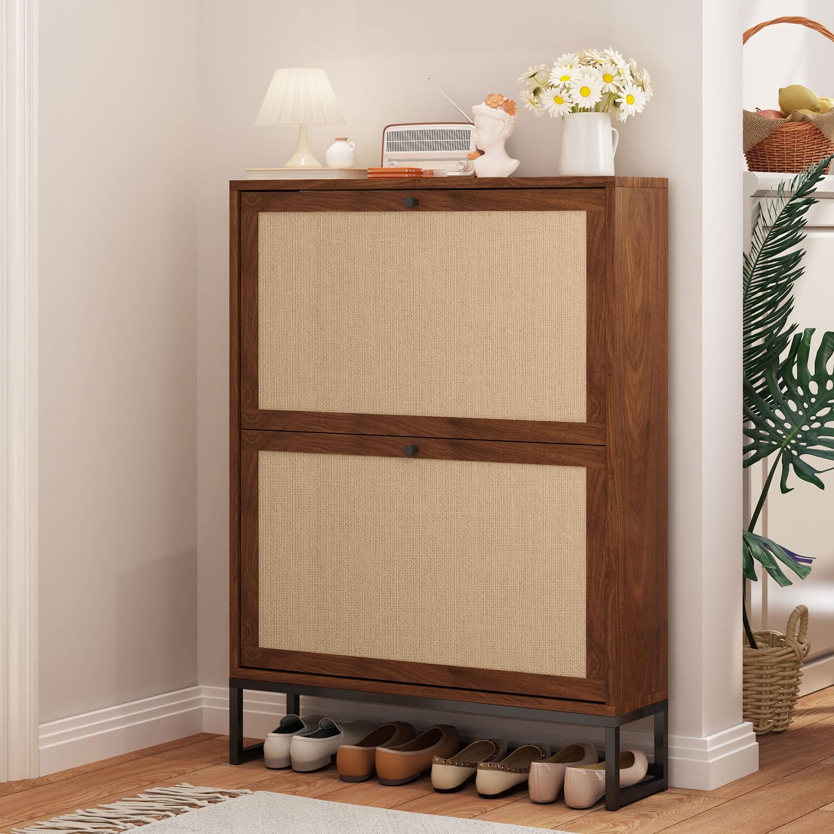AVZEAR Freestanding Shoe Organizer with 2 Flip Drawer Doors, Entryway & Closet Shoe Storage, Linen Doors, Walnut