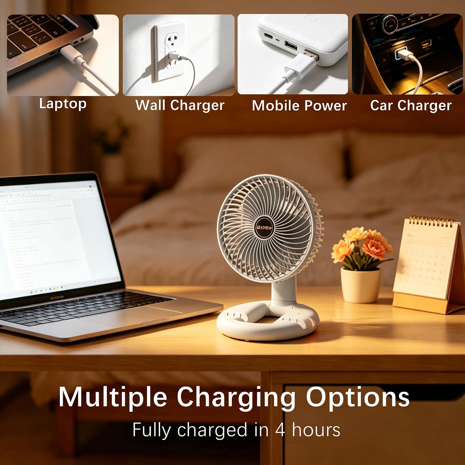 Folding Desk Fan with Phone Holder, USB Rechargeable Cooling Fan, 3 Speeds/Adjustable/Hangable, Quiet Foldable Personal Fan for Office, Home, Travel, Camping (Grey)