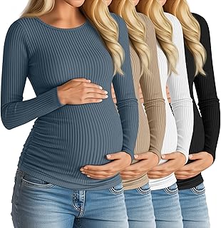 Huukeay 4 Pack Women's Maternity Shirts, Long Sleeve Cotton Ribbed Pregnancy Tops Side Ruched Crew Neck Casual Mama Clothes