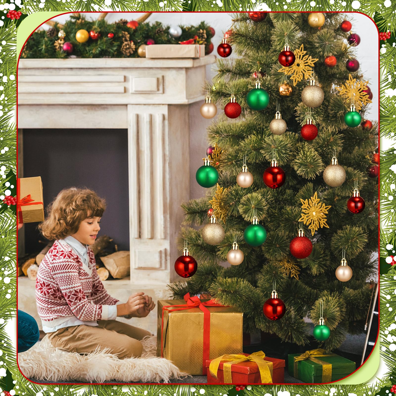 Soulchen Set di decorazioni natalizie per corridoio e soffitto, con 82 ornamenti a sfera di Natale, 100 ganci adesivi da soffitto da 19,8 m, luci a LED, decorazione natalizia per corridoi, per interni