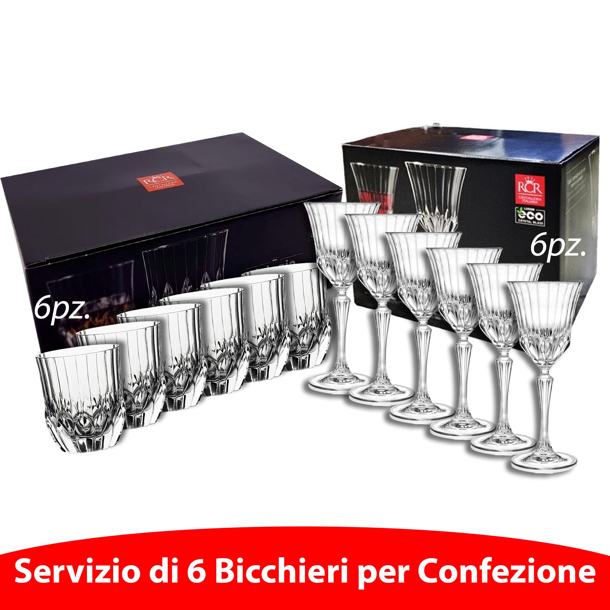 Sicignano | Juego de 6 copas de 28 cl, con 6 vasos de 35 cl, Adagio para vino, agua, whisky, licores, cócteles, cristal ecológico, transparentes, resistentes – regalo cubo champán negro 2 botellas