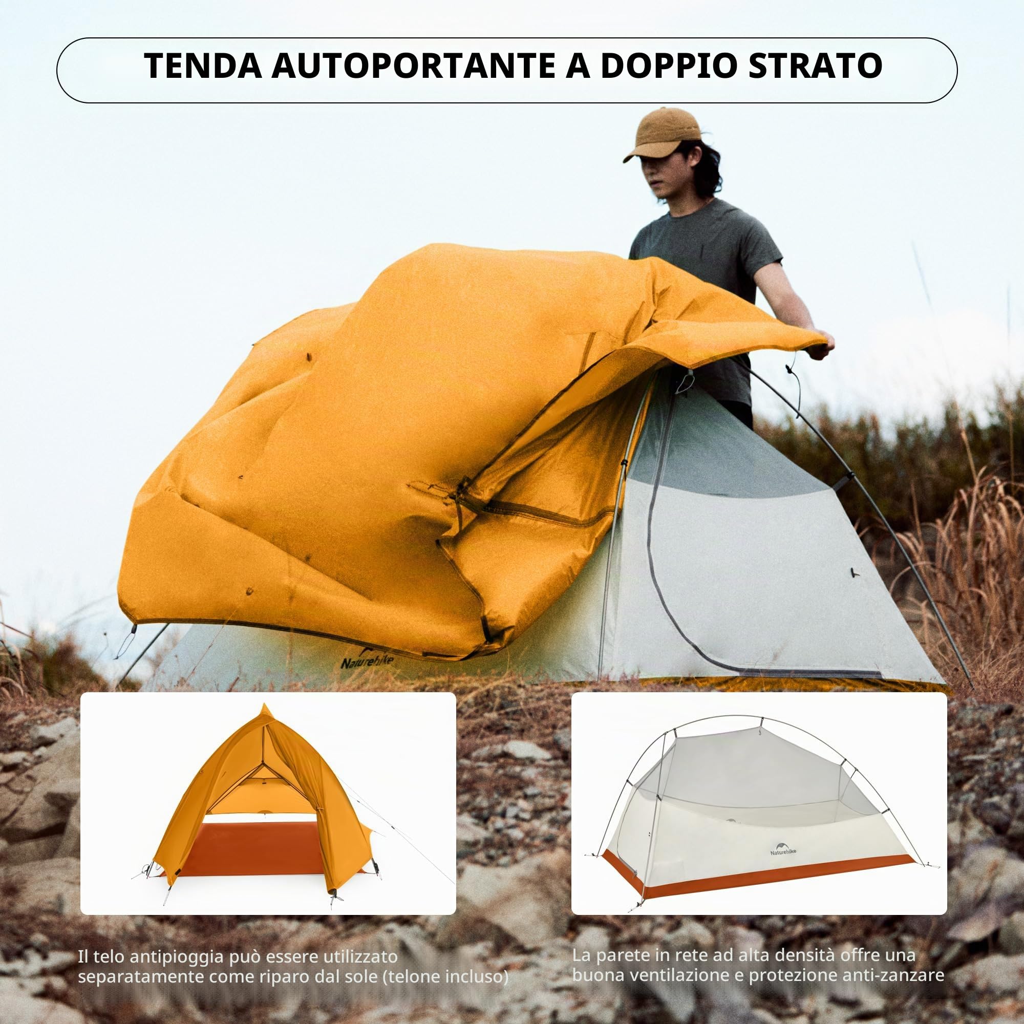Naturehike Cloud Up Base - Tenda da campeggio impermeabile leggera per 2 persone per il campeggio, tenda da campeggio a doppio strato per due persone con impronta (Cloud Up Pro (arancione - poliestere