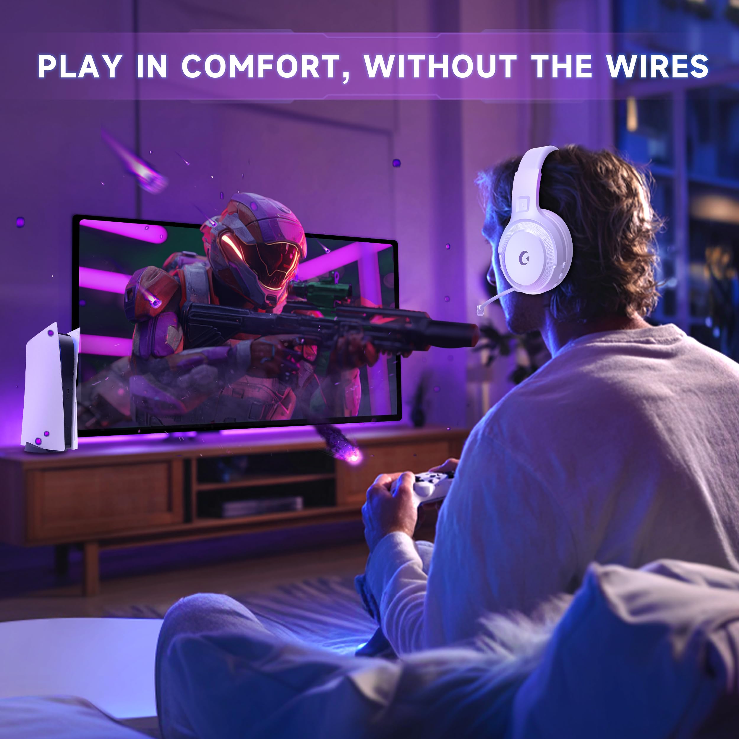 Wireless Gaming Headset for PS5, PS4, PC, Switch - Bluetooth 5.3 with Noise Canceling Microphone, 50-Hour Battery, Type-C Charging Gaming Headphones - White — view 8