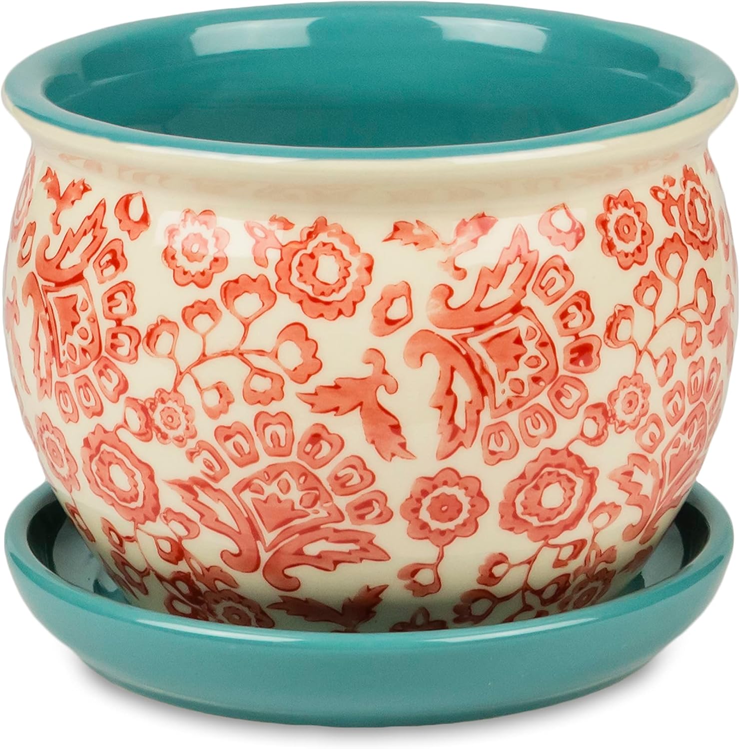 Garden & Home Teal & Red 5 inch Indoor Ceramic Plant Pot with an Attached Saucer and Drainage Hole for House Plants, Herbs, Flowers, Indoor Succulent Plants, Little Snake Plants, Gifts for Mom