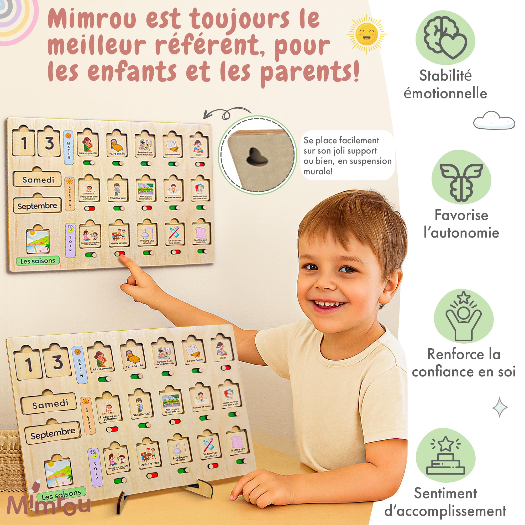Planning Journalier pour Enfants Montessori +60 Étiquettes pour Les Routines Quotidiennes, Activités, Calendrier et Saisons, Apprentissage dès 3 Ans- Adapté TDAH/TSA