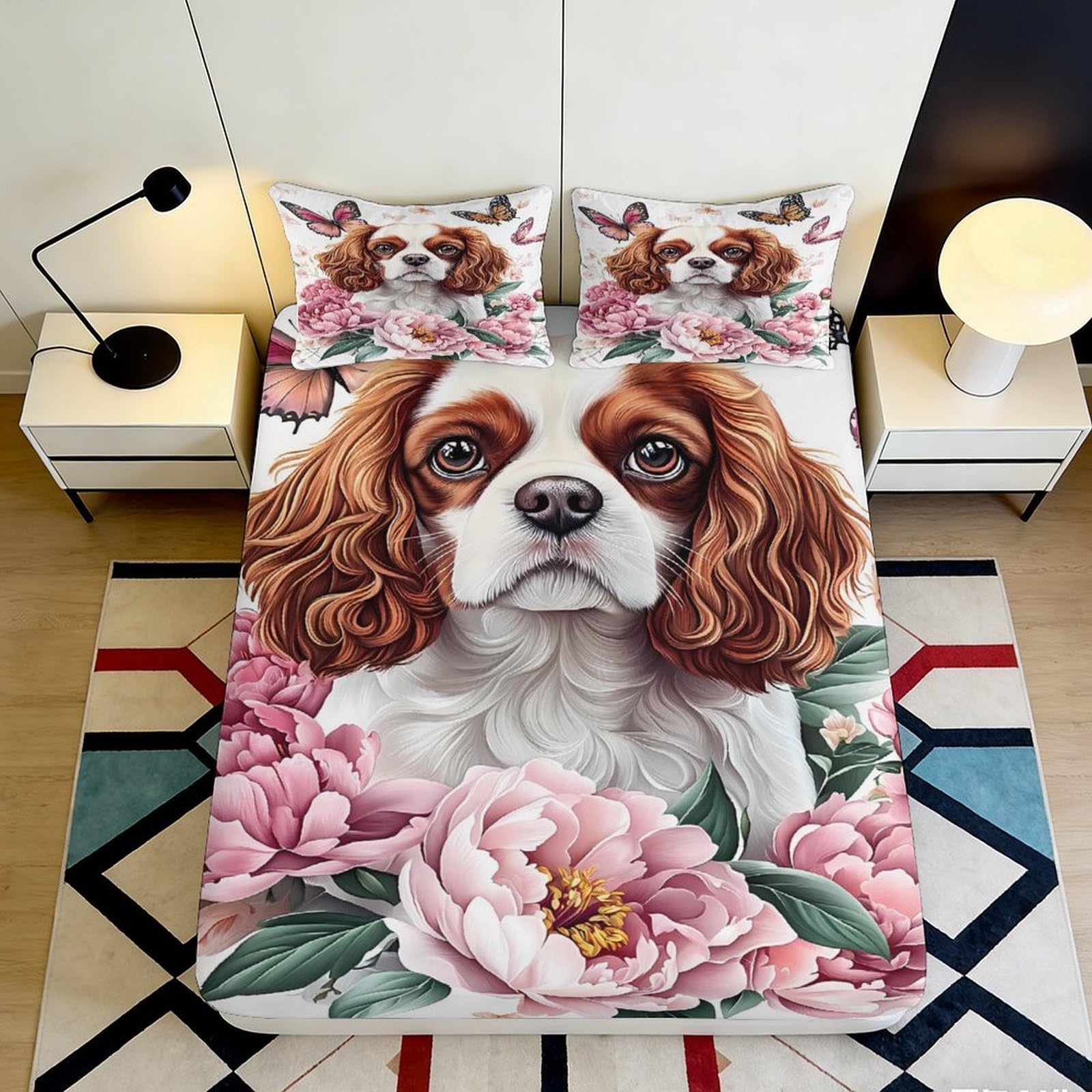 3D Printed Dog Floral Fitted Sheet Microfiber Soft Non-Slip Mattress Cover for Bedroom Dorm Guest Room Decor Easy Care 90x200x25cm