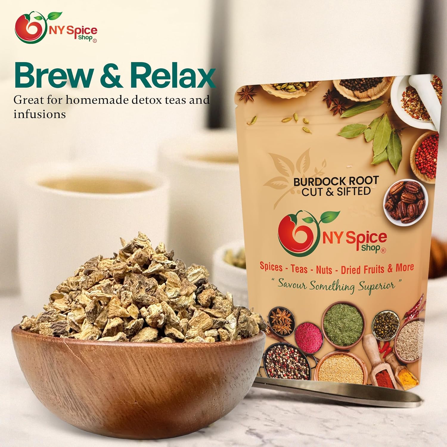 NY Spice Shop Dried Burdock Root Cut & Sifted - 1 Pound Fresh Burdock Root for Herbal Tea - Herbal Burdock Roots Herb - Arctium Lappa L. Roots