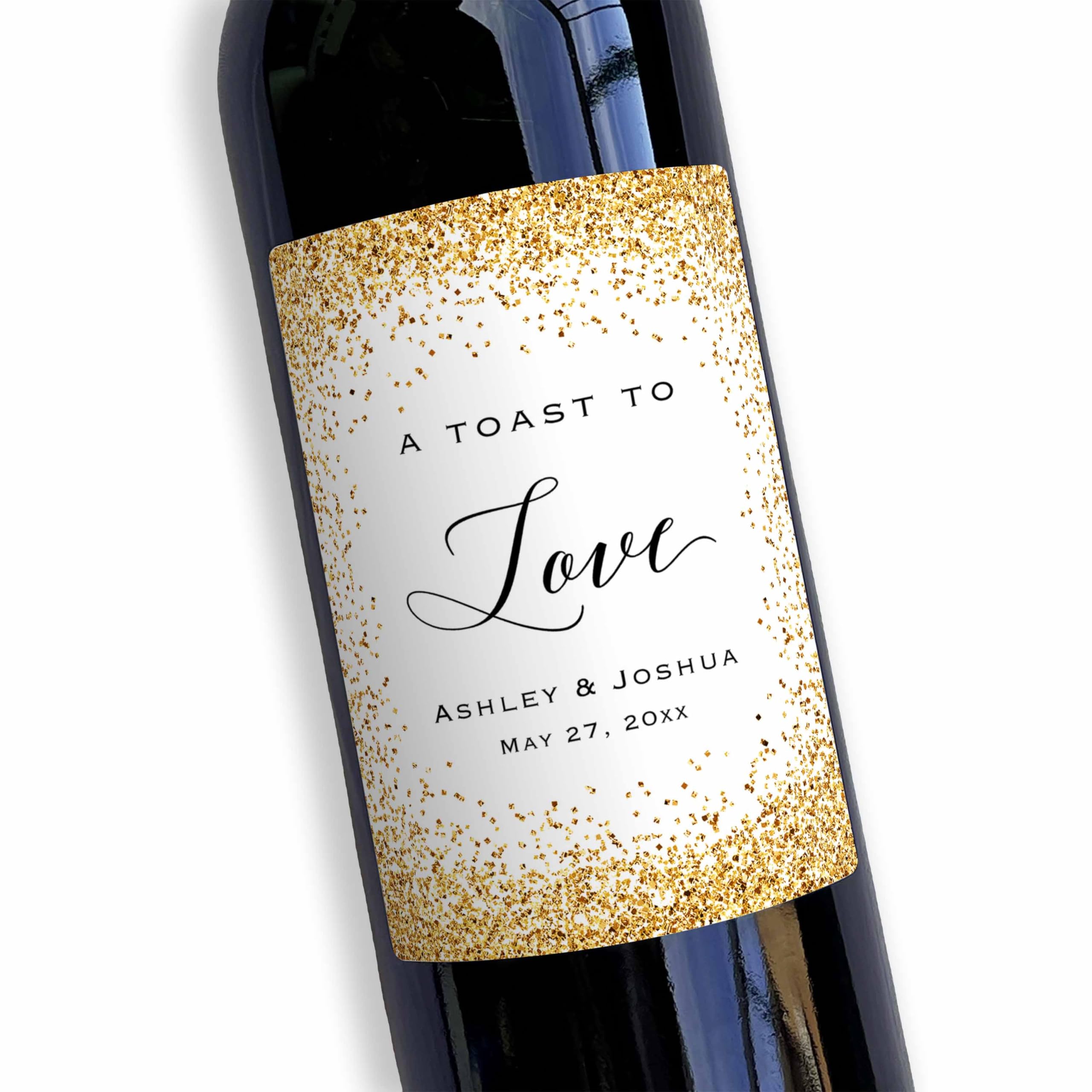 A Toast to Love - 4 Custom Gold Glitter (Not Real Foil) Wine Bottle Label, Waterproof Stickers for Wedding Anniversary Bridal Shower Birthday Party