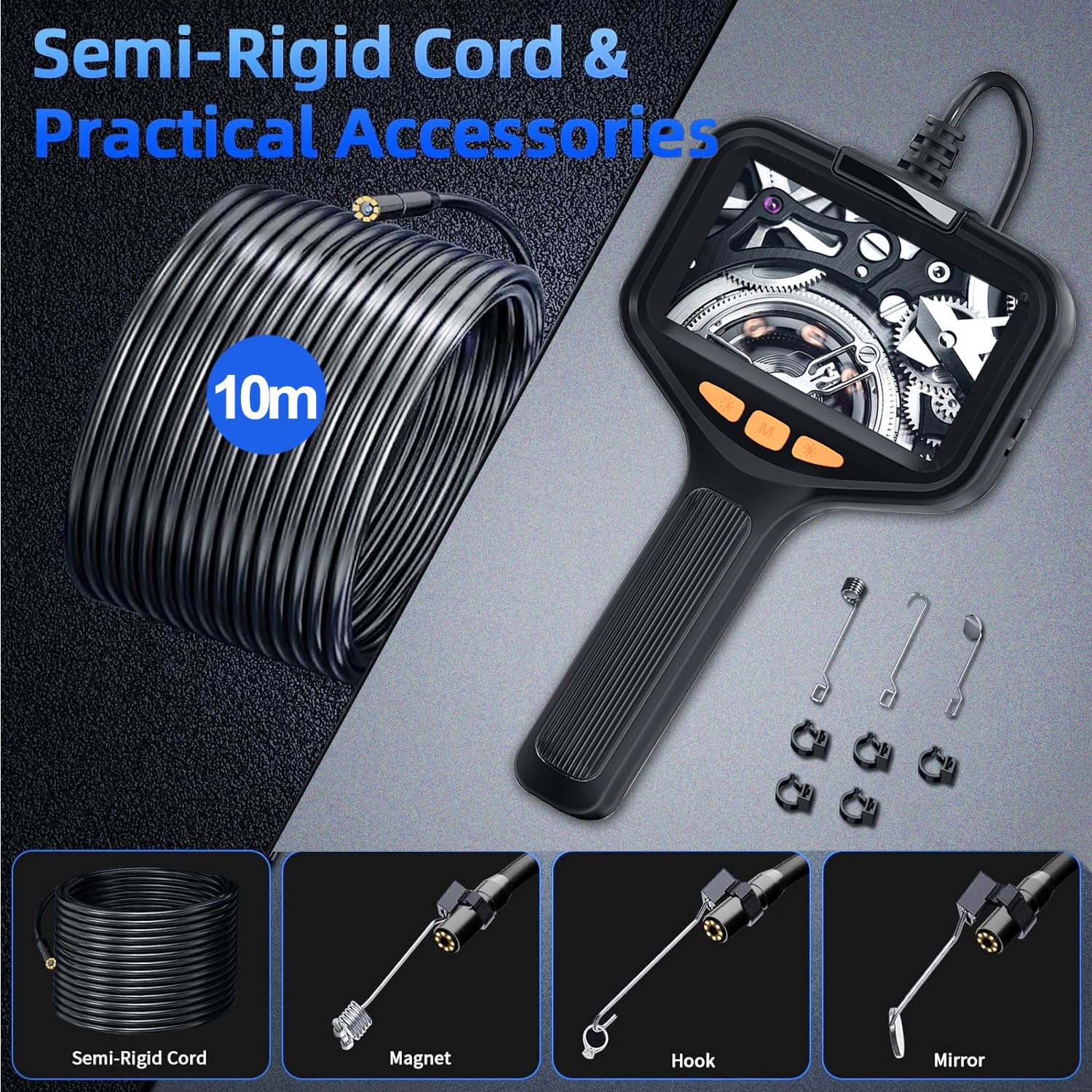 1920P Endoscopio Snake Inspection Camera, Telecamera per periscopio IPS da 4,3" Telecamera Snake Portatile IP67 Impermeabile con 8 luci LED con batteria ricaricabile 2600mAH(32,8 ft/10m)