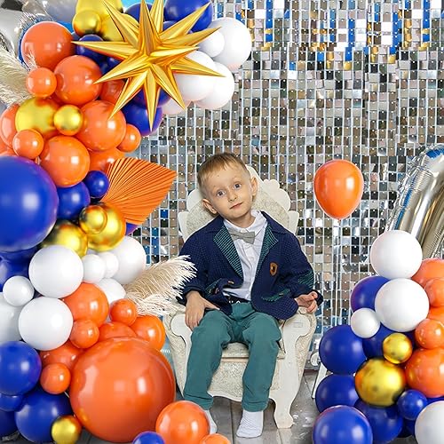 Miniatura 6 de Kit de arco de guirnalda de globos azules y naranjas, naranja, azul marino, blanco, dorado metálico, decoraciones con globos de papel de aluminio de