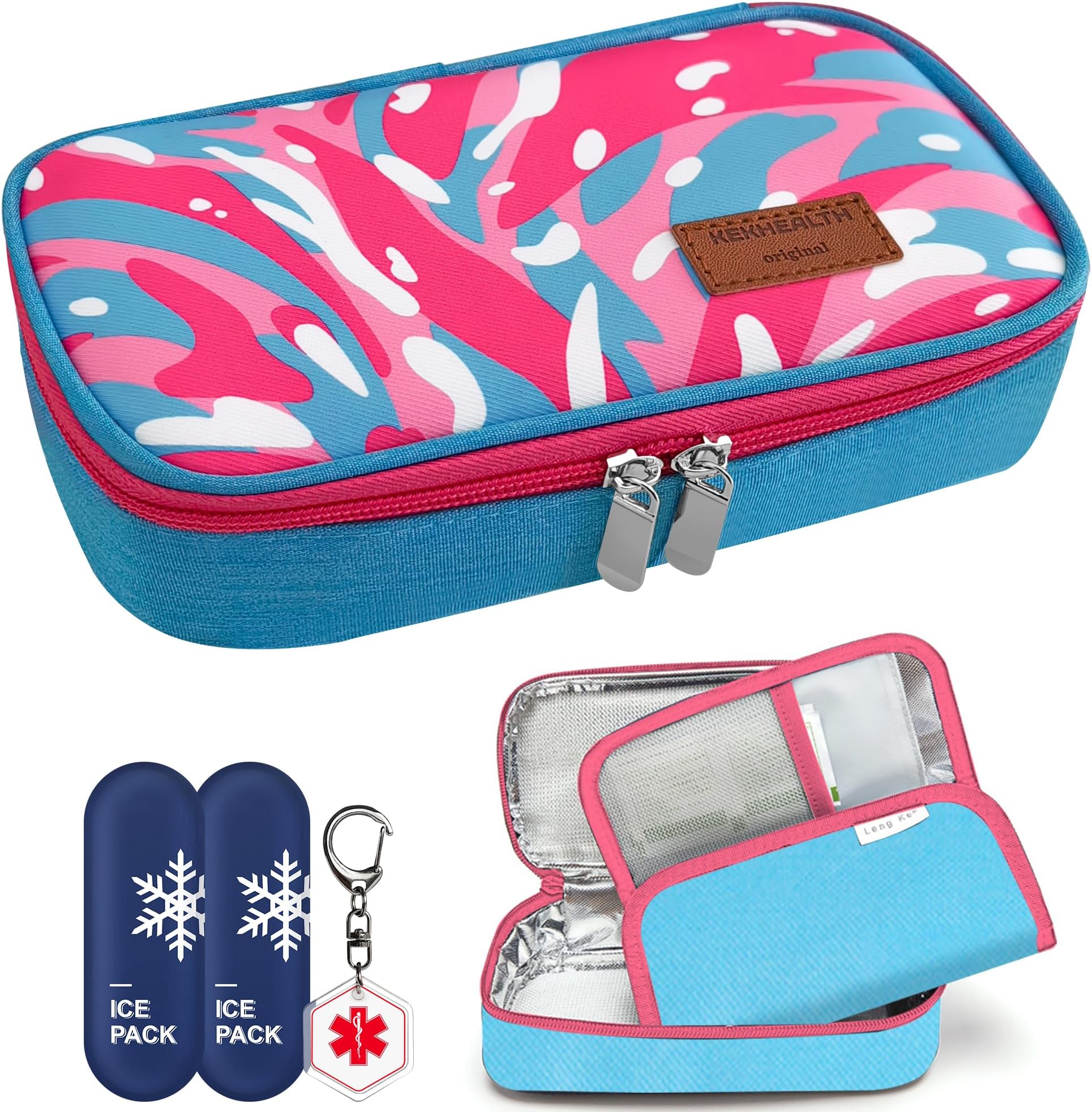 DISONCARE Portable Insulin Pen Cooler with Medical Alert, Insulated Medicine Travel Bag for Diabetic EpiPen Needles with 2 Reusable Ice Pack Easy to TSA Approved (Large Blue-pink)