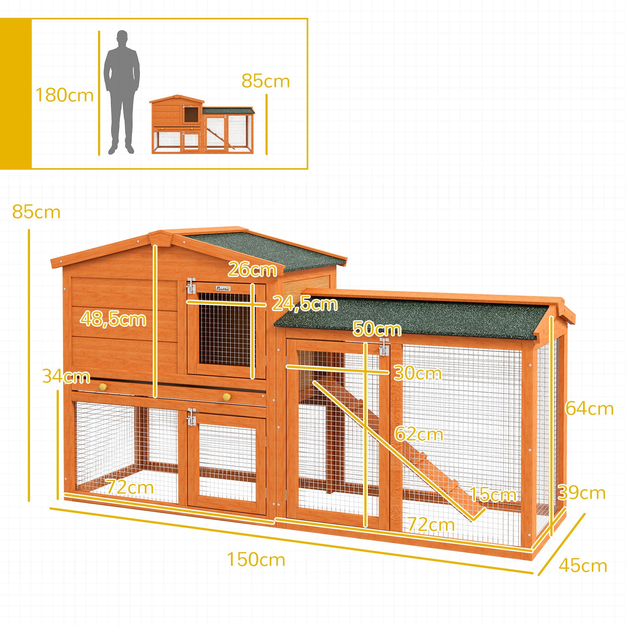PawHut Clapier Cage à Lapins rongeurs 2 Niveaux 3 Portes verrouillables tiroir à déjection 150L x 45l x 85H cm Bois Massif Sapin