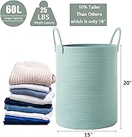 Vista 3 de 38x51 cm de alto cesta de lavandería de cuerda de algodón verde, cesta tejida para ropa y cobijas, almacenamiento en dormitorio, sala de estar