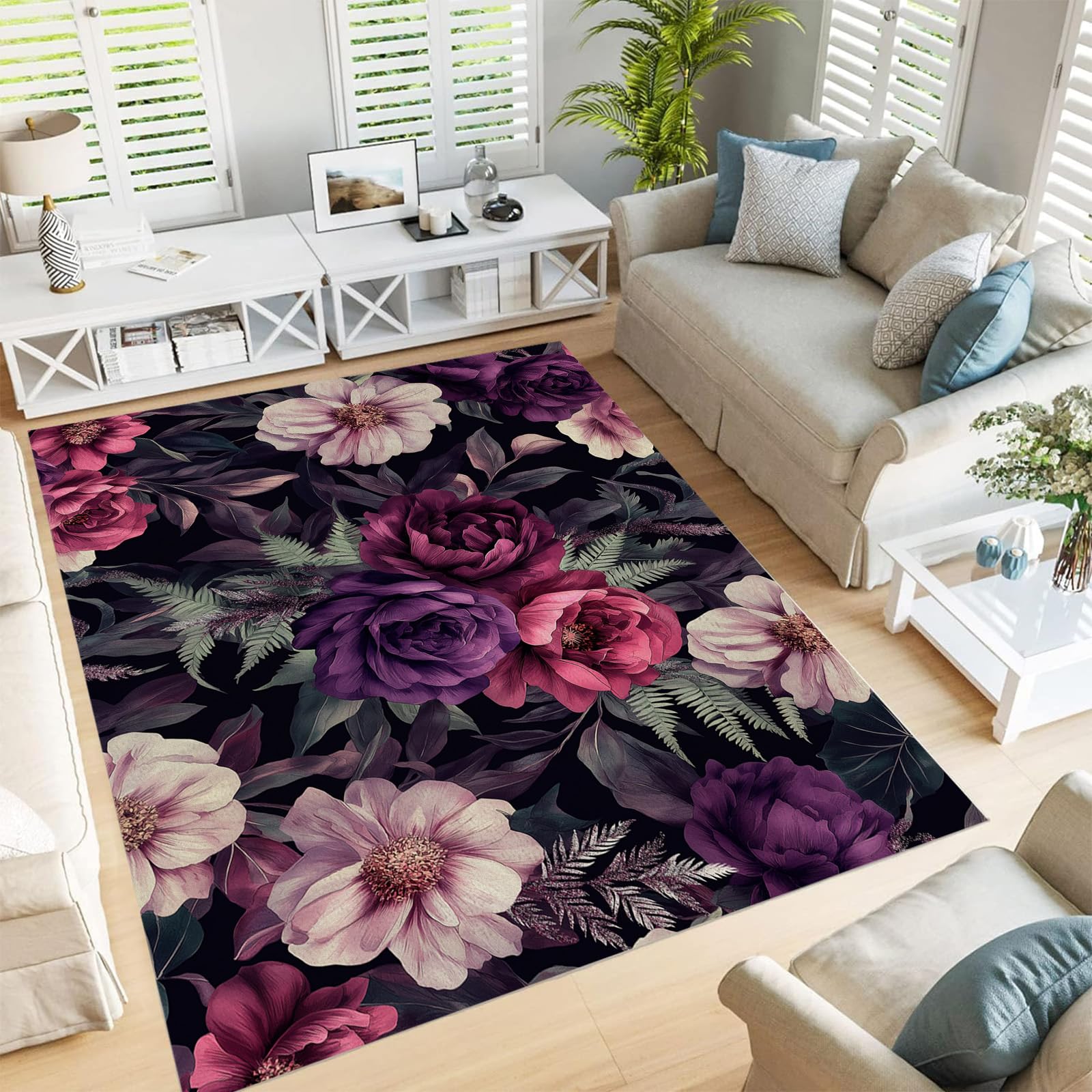 Tapis de salon lavable grand format aux fleurs aquarelles et poils courts