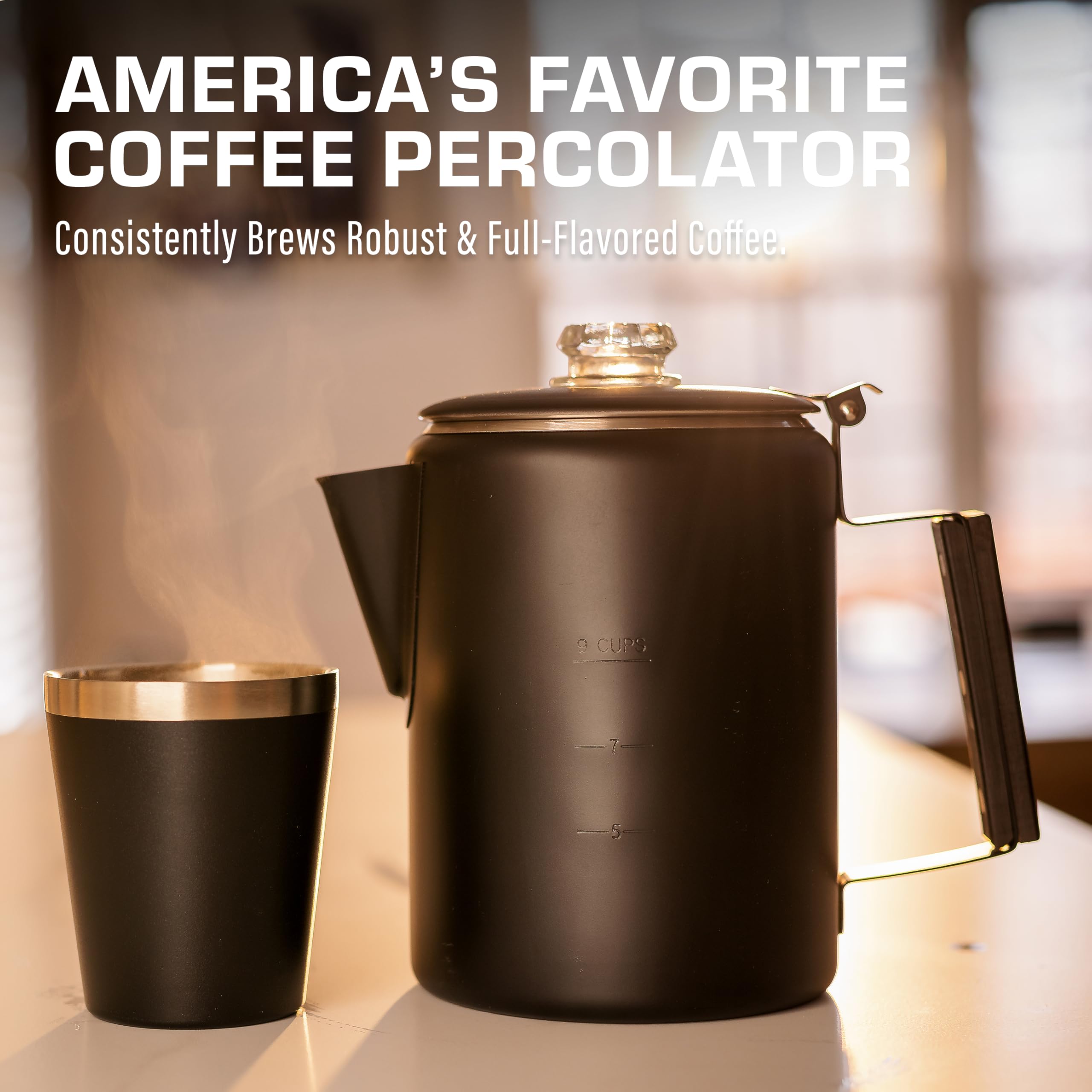 COLETTI Black Bozeman Percolateur Cafetière – Cafetière de camping, percolateur à café – Percolateur le plus élégant d'Amérique – Acier inoxydable pur, sans aluminium ou plastique (9 tasses)