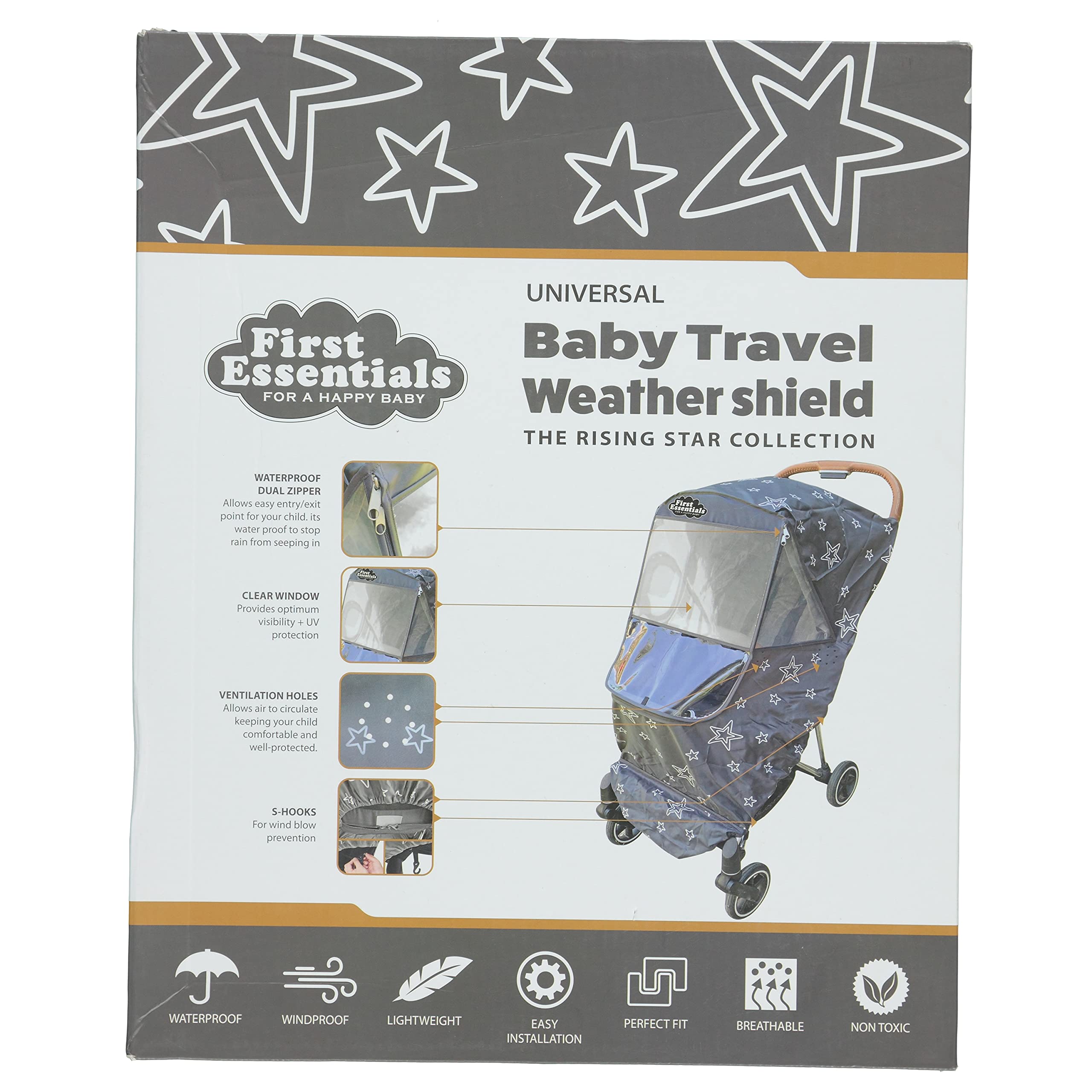 First Essentials Funda de lluvia universal para cochecito de bebé, protección contra la intemperie, resistente al viento, resistente al agua, protege del polvo y la nieve (gris)