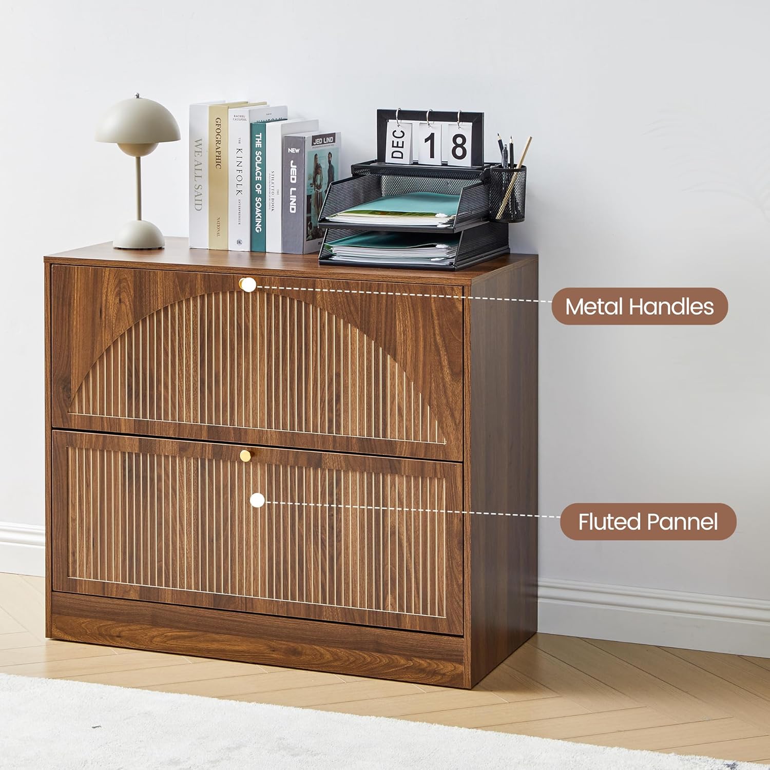 Fluted 2 Drawer Lateral File Cabinet, Office Wood File Cabinet & Printer Cabinet with Adjustable & Removable Hanging Rod for Letter/Legal/A4 (Walnut)