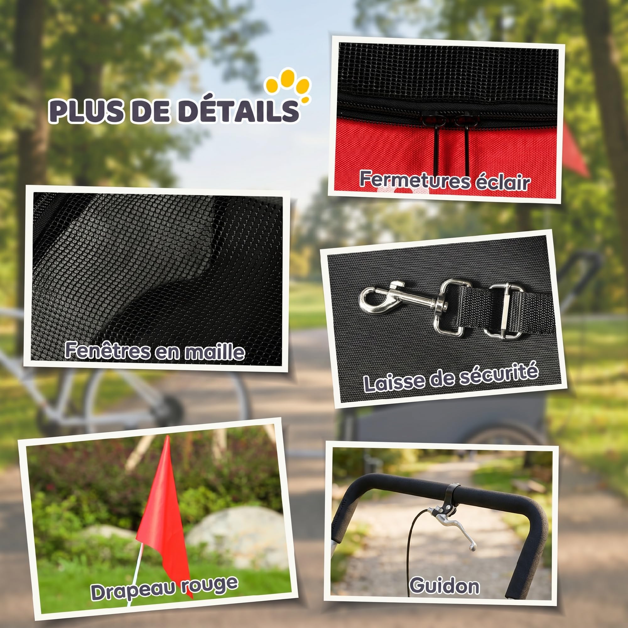 PawHut Remorque Vélo Chien 2-en-1 avec Suspension pour Chien Moyen Rouge | Chariot, Pneus à Dégagement Rapide, Réflecteurs, Grandes Fenêtres en Mesh, Frein à Main, Drapeau