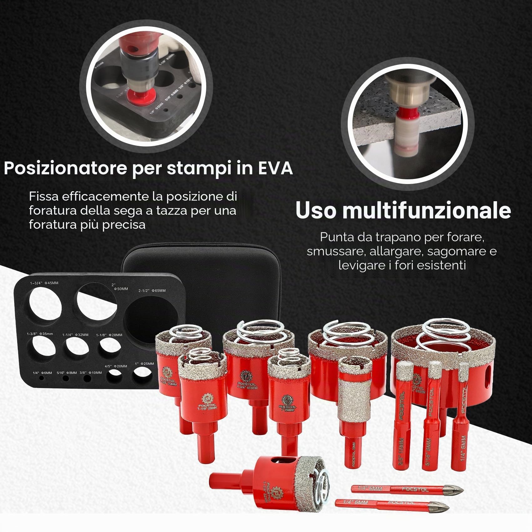 FOCSTOL Punte Diamantate Gres Porcellanato - Punte Trapano Diamantate per Piastrelle Ceramica Marmo Graint 13 pezzi (6/8/10/25/28/32/35/45/50/65mm+20mm Trapano Fresa+6/6mm Punta in Carburo)