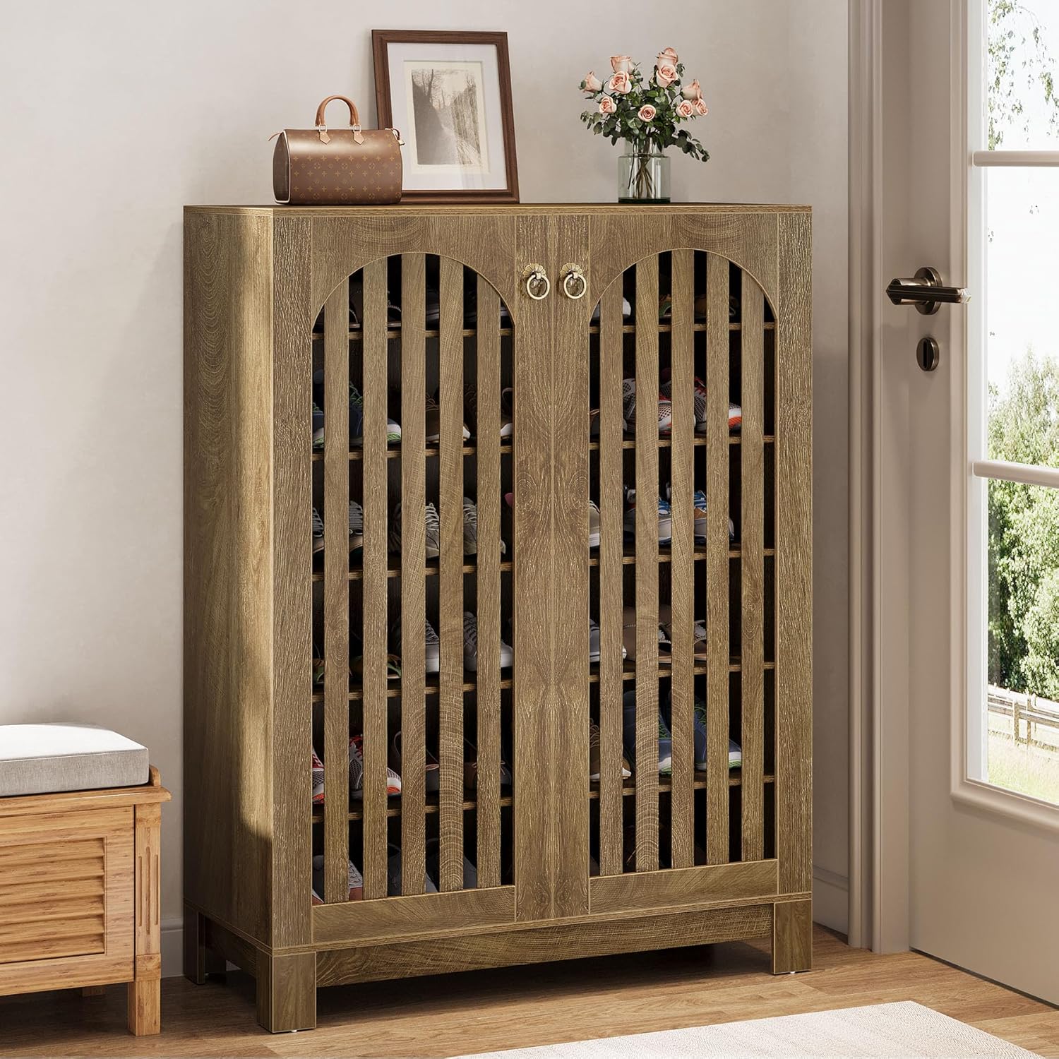 Tribesigns Shoe Cabinet with Shutter Doors, 6-Tier Shoe Storage Cabinet, Entryway Shoe Rack Organizer with Adjustable Shelves for Living Room, Hallway, Natural Wood