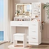 LIVELYGLOW Makeup Vanity Desk Set, 35.4“Wx15.7”Dx53.9“H, White (Smart LED Mirror, with Cushion Stool, Hairdryer Rack, Power-Outlet, 4 Drawers, Open Shelves)
