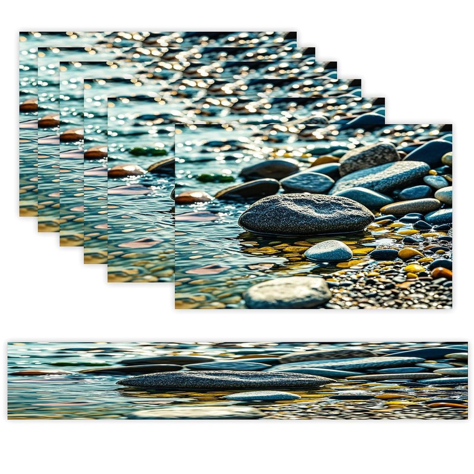 Rocks and Pebbles Table Runner and Placemats Set of 6 Heat Resistant Table Runner Place Mats Modern Cloth Table Mat Washable Linen Placemat Festive Reusable Set