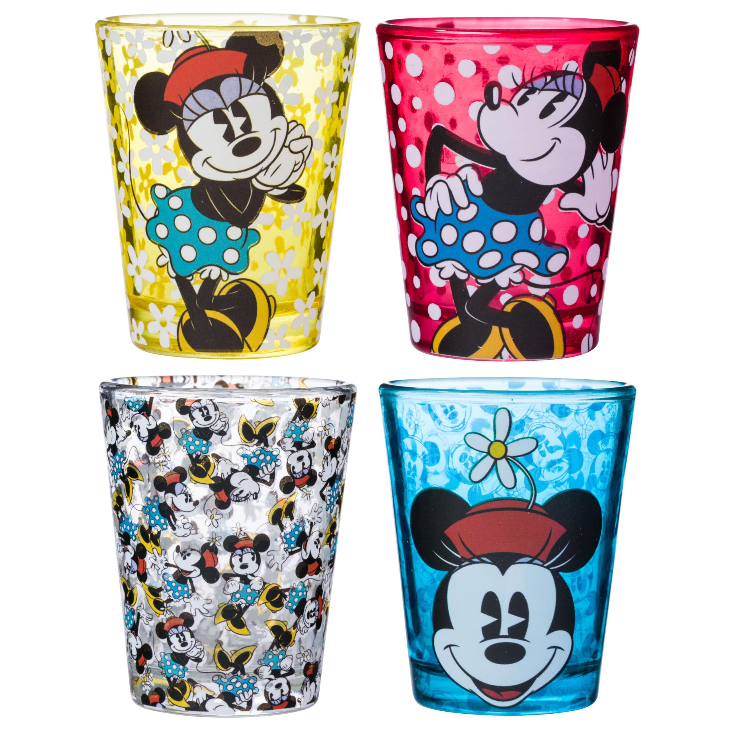 Silver Buffalo Disney Vintage Minnie Mouse, 4 Pack Mini Glass Set, 1.5oz
