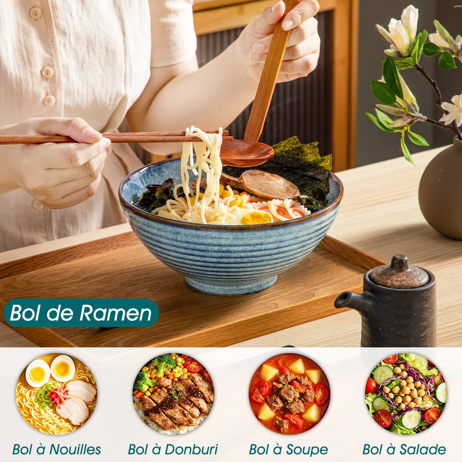vancasso Bol Ramen Céramique 2 x 1350ml, Baguettes & Cuillères, Bleu Clair