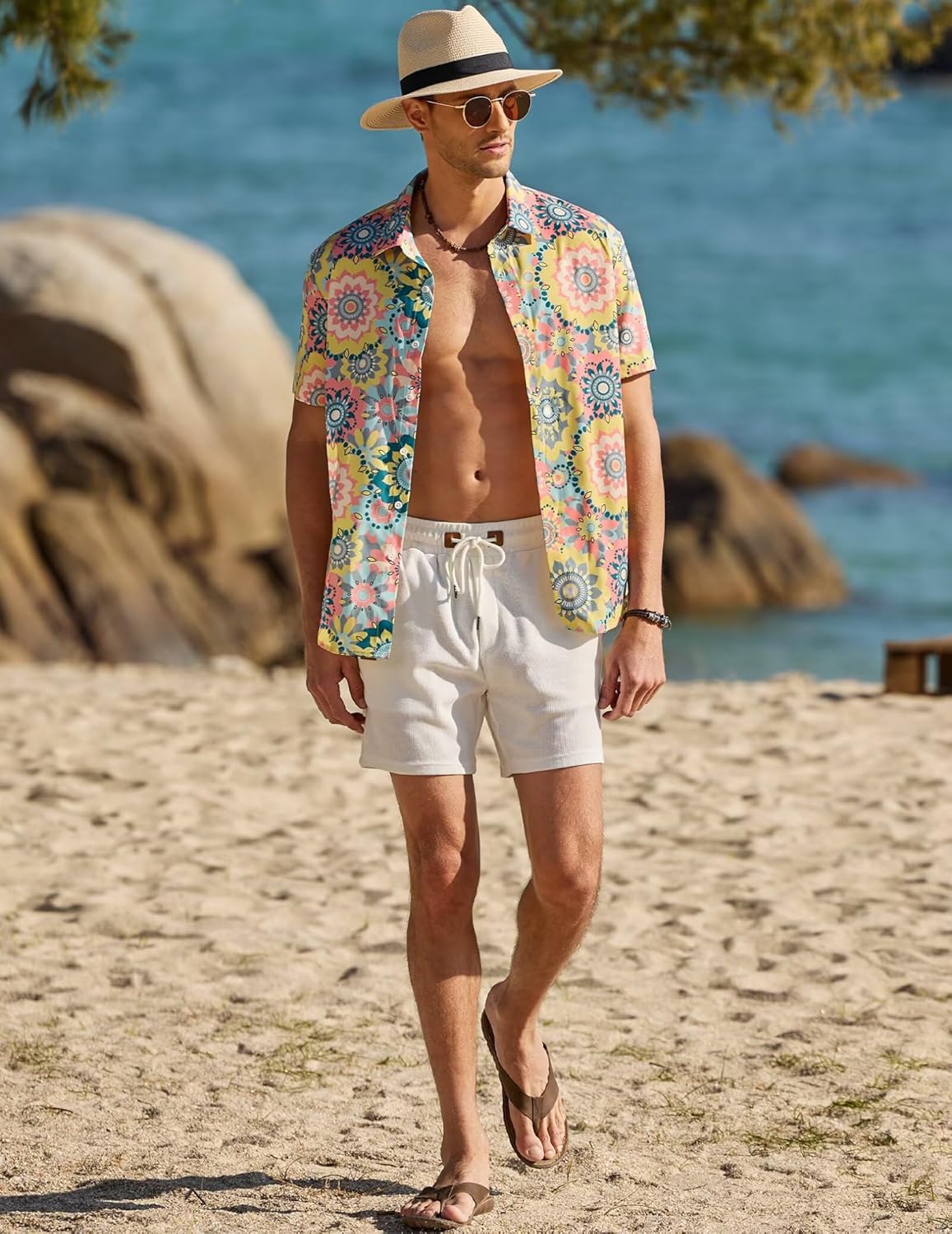 Hawaïhemd voor heren, hippiehemd, korte mouwen, zomer, jaren 70