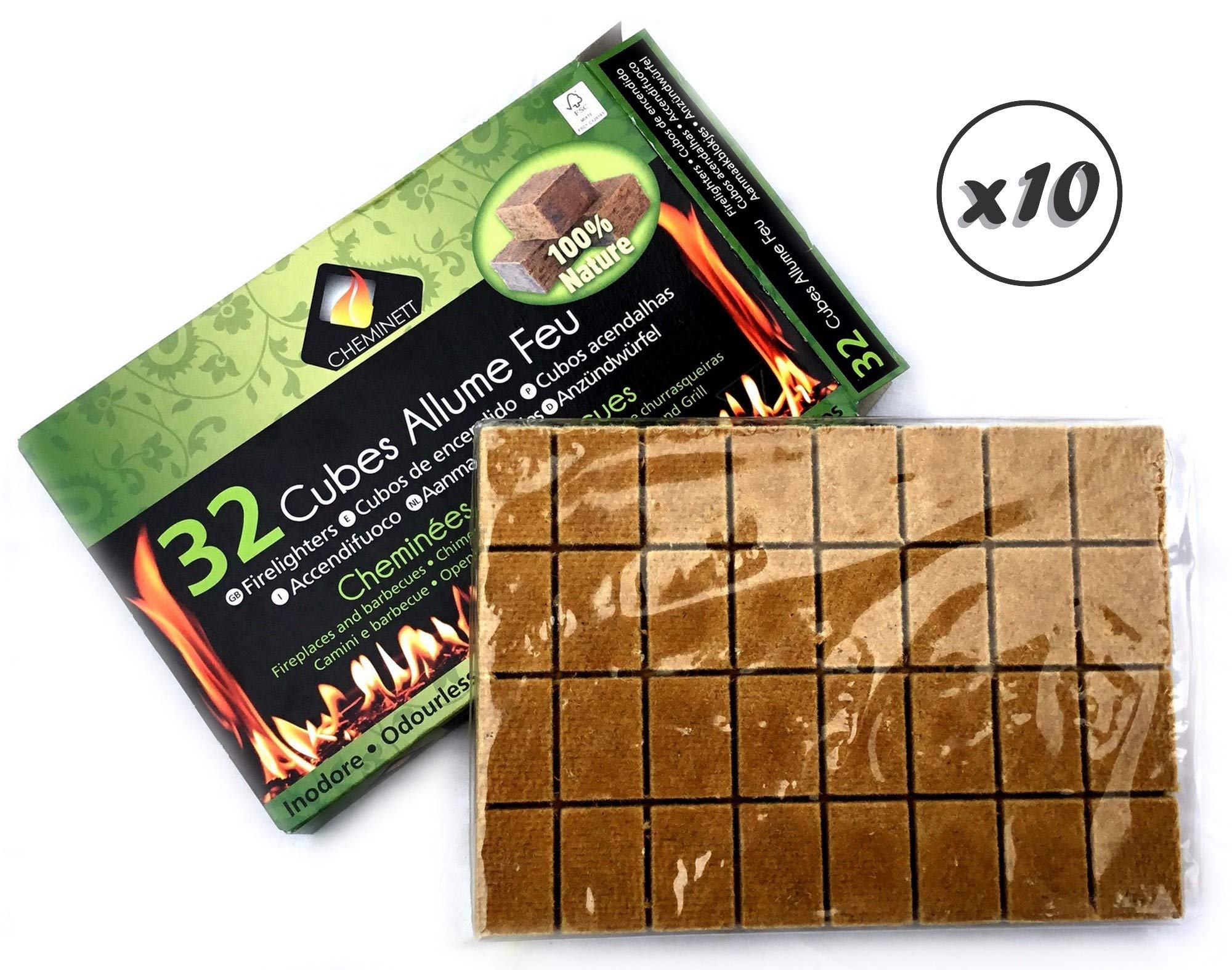 Kostki rozpałki do kominków | Zestaw 10 pudełek | Grill ogniskowy pieca na drewno | Wosk roślinny | 32 kostki w pudełku | Ekologiczne | Kibros 4CALFx10