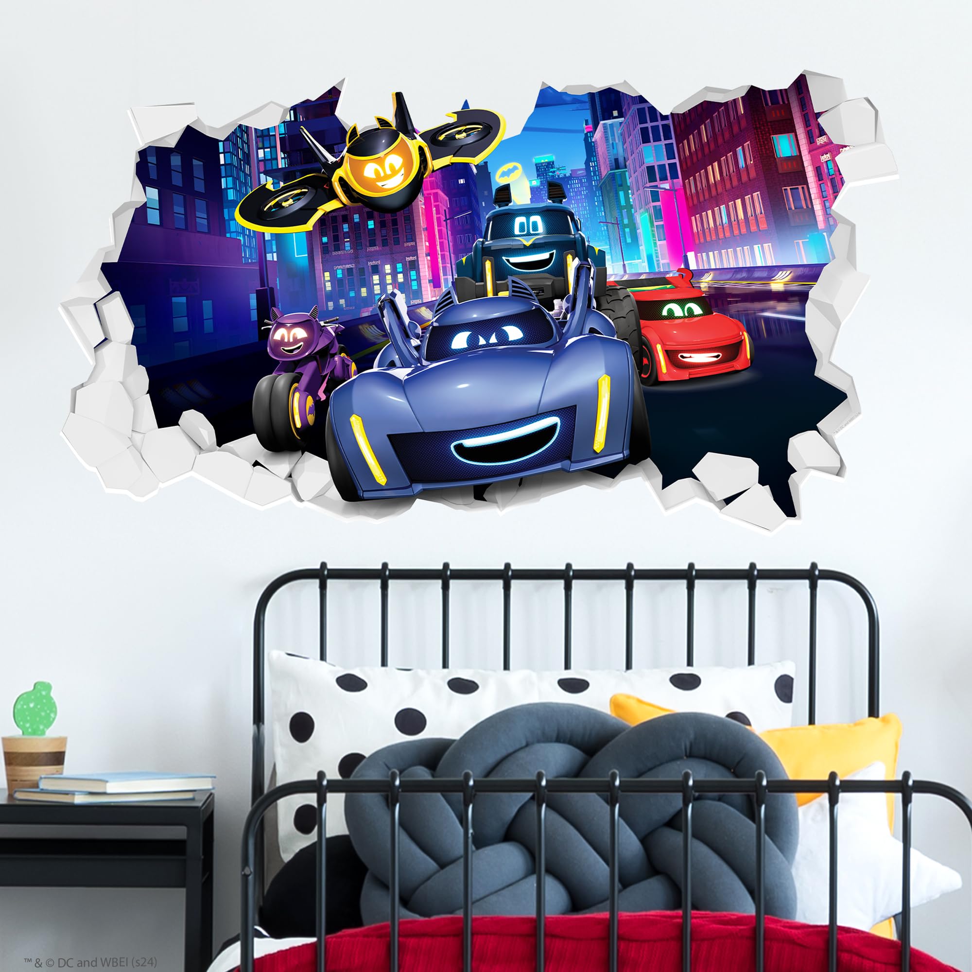 Themed Black Batwheels™ Wall Sticker - Group Driving Through City Broken Wall Decal Dc Superhero Art (60Cm Width X 35Cm Height)