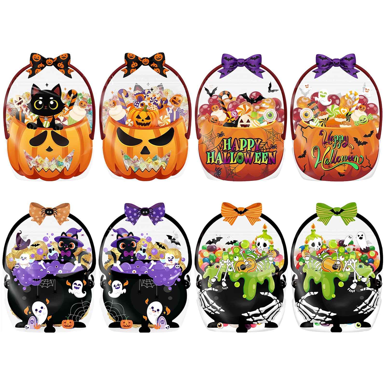 16 Pack Halloween Stand Up Goodie Bags,25.8 x 19.6 cm Halloween Resealable Food Storage Zipper Pouch Bag with Handle Double-Sided Pumpkin Cauldron Sealing Treat Bags for Halloween Trick or Treat