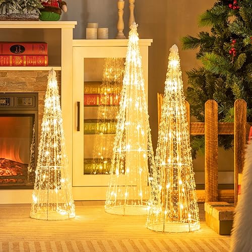 Tangkula Juego de 3 árboles de cono de Navidad iluminados, juego de árbol cónico decorativo de Navidad con cuerdas de estrellas, 90 luces LED