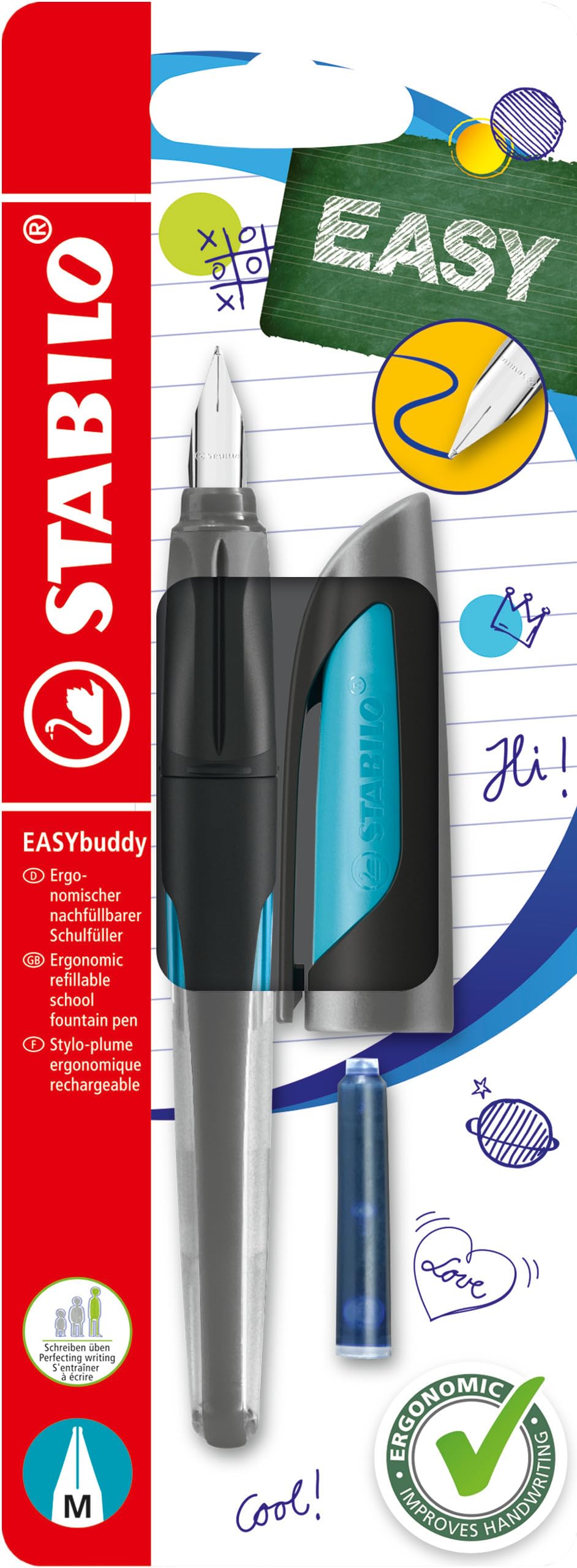 STABILO Ergonomic School Fountain Pen EASYbuddy - M Nib - Black/Sky Blue