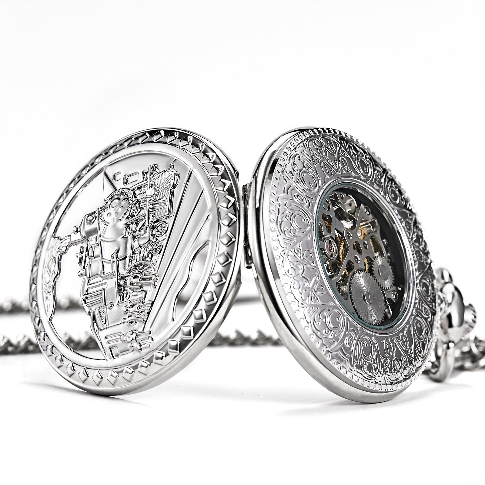 TREEWETO Antique Mens Pocket Watch Skeleton Mechanical Hollow Bronze Case 3D Steam Train Railroad Roman Numerals