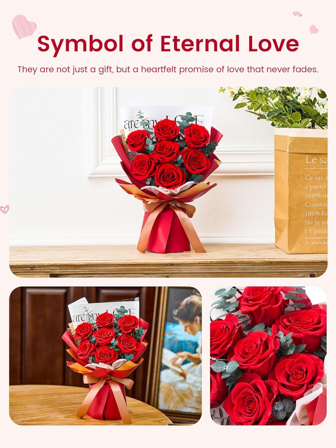 Mosstory Roses Bouquet 7-Piece Forever Flowers Bouquet Gift for Her Women Wife Mothers Anniversary Birthday Wedding (Red Roses) - Image 5