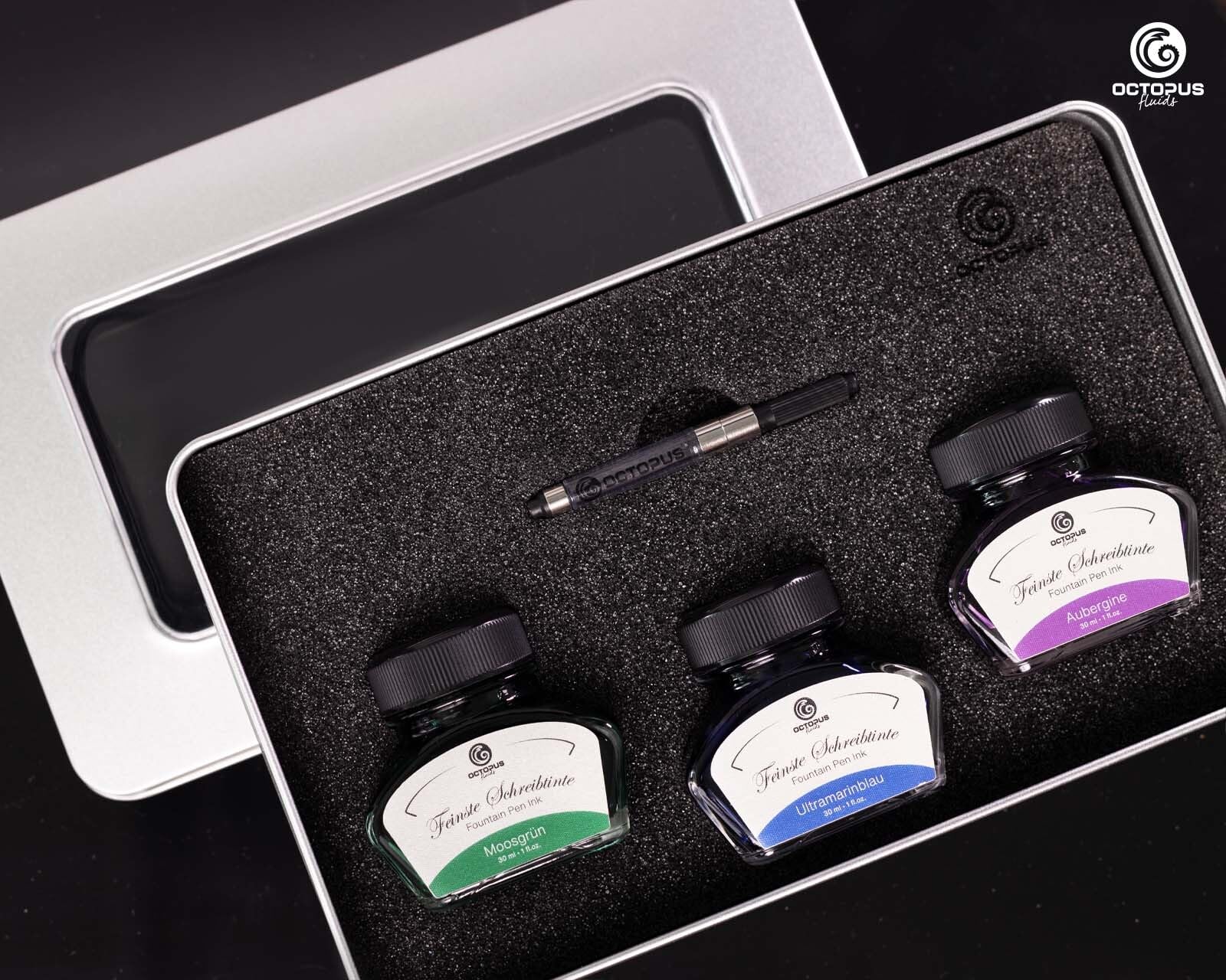Octopus Schreibtinte Moosgrün, Ultramarinblau, Aubergine, Füllhaltertinte im Tintenglas mit Konverter, Geschenkset Schreibtinte für Füller und Feder, Tinte zum Schreiben und Malen, 3 x 30 ml