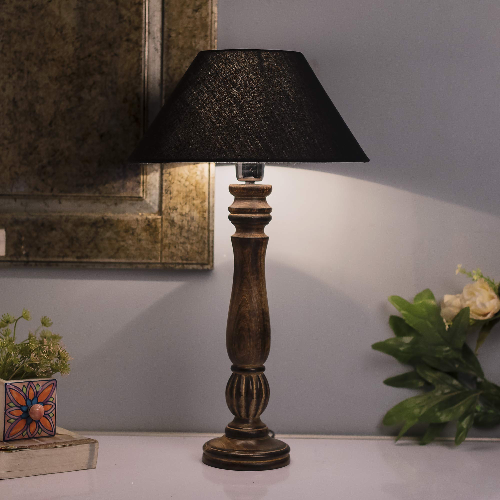 Homesake® Handcrafted Wooden Table Lamp for Bedroom & Living Room|Decorative Bedside Reading Lamp with Fabric Shade, E27 Holder|Bulb Included|Black Classic Victorian Base for Home Décor, Black 4