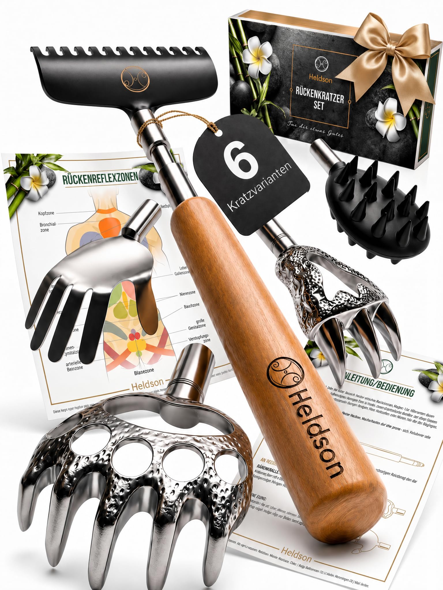 HELDSON® Rückenkratzer Holz [Inklusive 5 Kratzaufsätze] - Vatertagsgeschenk - Männer Geschenke - Geschenkset - Vatertag - Kratzhand - Rücken Massage - Geschenk für Papa - Geschenkideen
