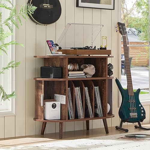 Miniatura 4 de LELELINKY Soporte redondo grande para tocadiscos con estación de carga y panel estriado, gabinete giratorio moderno de mediados de siglo marrón con