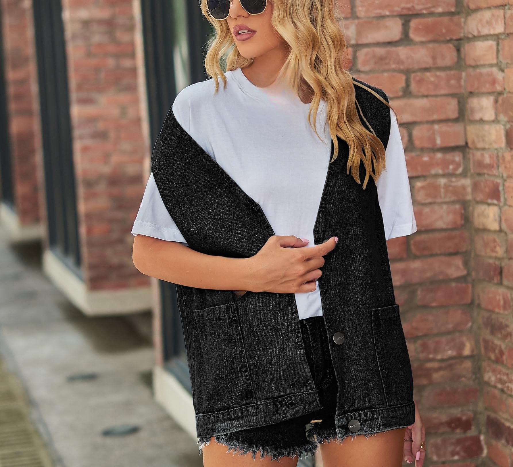 Gilet Jeans Donna,Gilet In Denim Da Donna Senza Maniche Scollo A V Profondo con Bottoni Canottiere Da Donna Gilet In Denim Oversize Giacche con Tasche Gilet In Denim Da Donna Vintage Streetwear Nuov