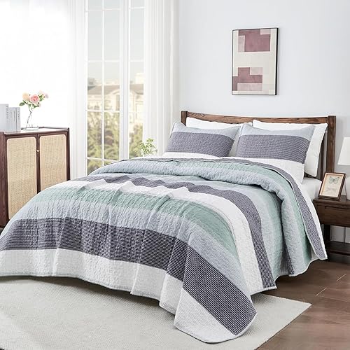Miniatura 6 de Andency Juego de ropa de cama Queen de gran tamaño, 98 x 98 pulgadas, colcha de 3 piezas a rayas verde salvia, juego de cama acolchado suave y