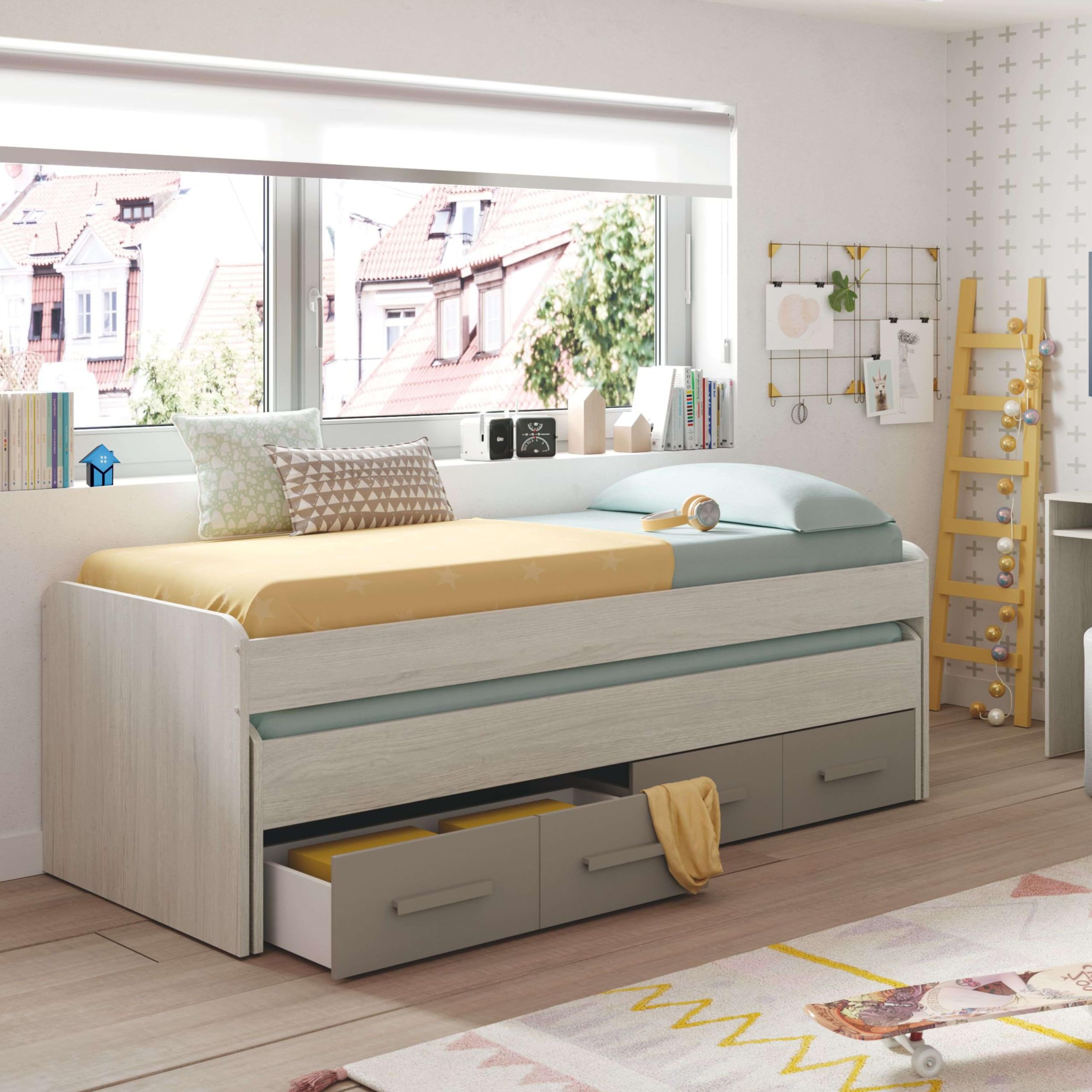 Miroytengo Cama Nido Doble Juvenil Cama con Cajones Color Blanco Alpes y Marrón Basalto Melamina 190x90 cm