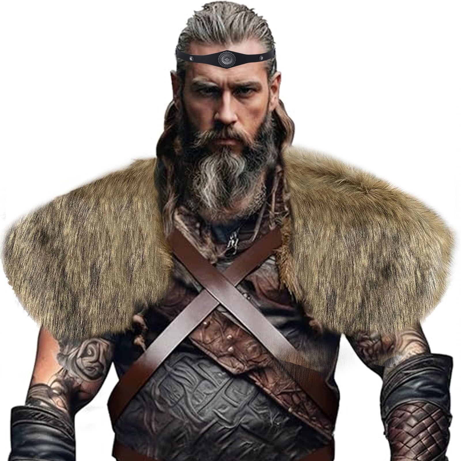 Viking Faux Fur Shawl Renaissance Cape Medieval Mantle Shoulder Wrap Collar Furry Fur Collar Halloween Cosplay Costume (Brown with Leather Headband, one size) — image 1